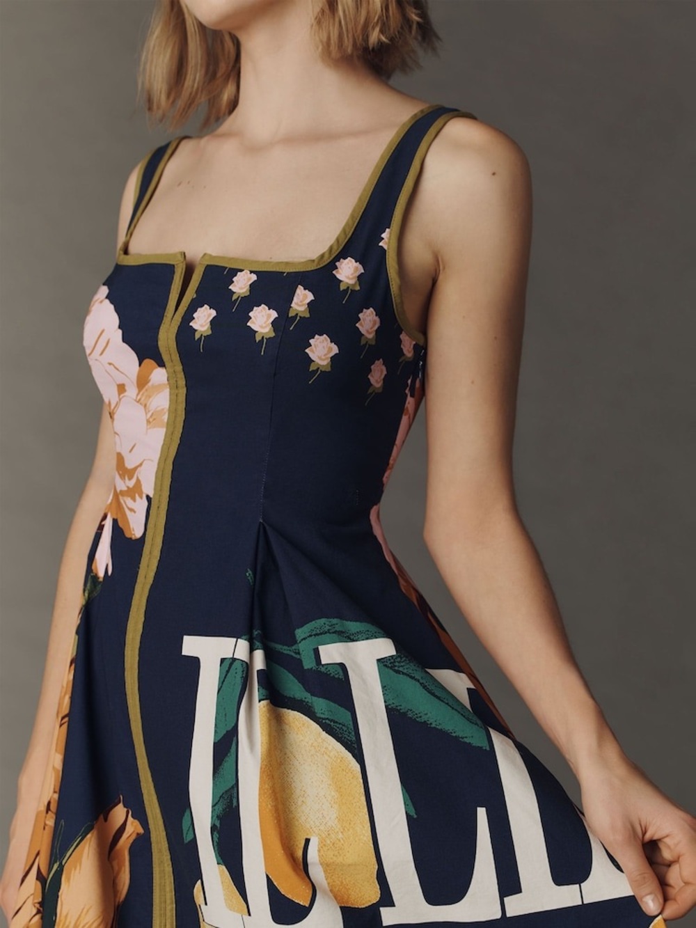 Maeve Navy Floral & Lemon Print Midi Dress - Picture 2 of 5